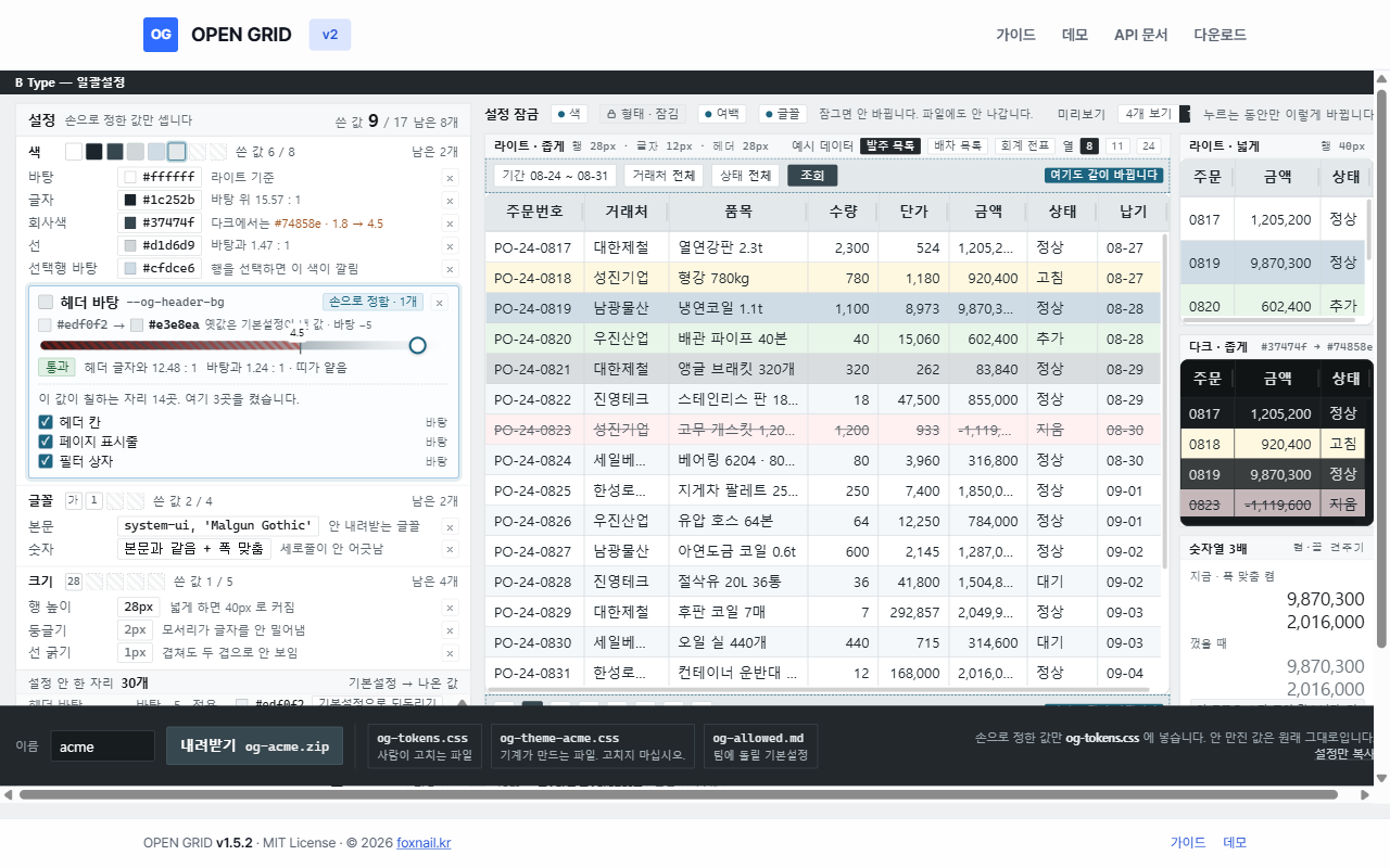 B Type 화면 — 모든 설정 값을 한 판에 늘어놓은 목록과 실제 그리드